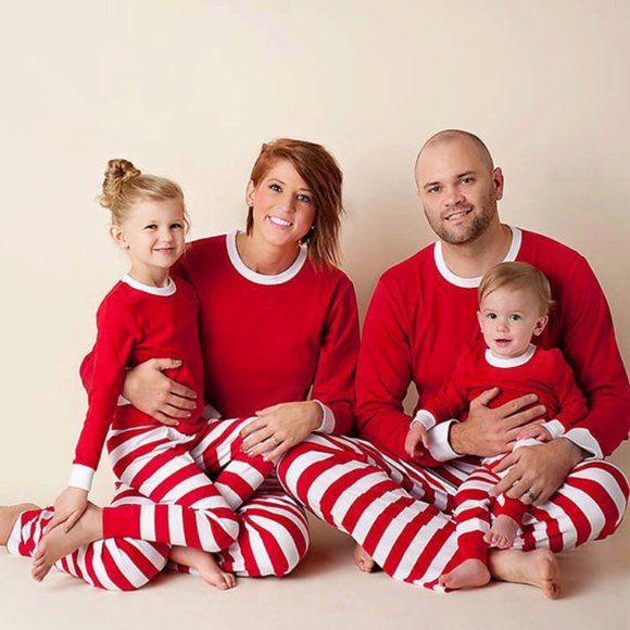 Matching Red White Striped Winter Christmas Family Pajamas PJs Men Women Kids - Picture 11 of 16